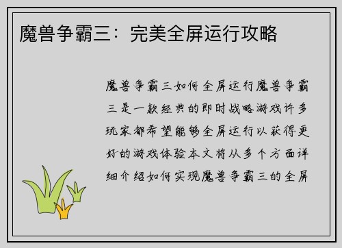 魔兽争霸三：完美全屏运行攻略