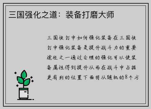 三国强化之道：装备打磨大师